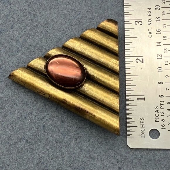 Brass Pin Brooch Tubes Triangle Red Oval Rhinestone 80s Retro MCM Vintage Granny - Picture 6 of 6